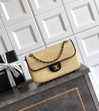 CHANEL RAFFIA FLAP BAG WOVEN STRAW WITH LAMBSKIN TRIM KHAKI 26CM